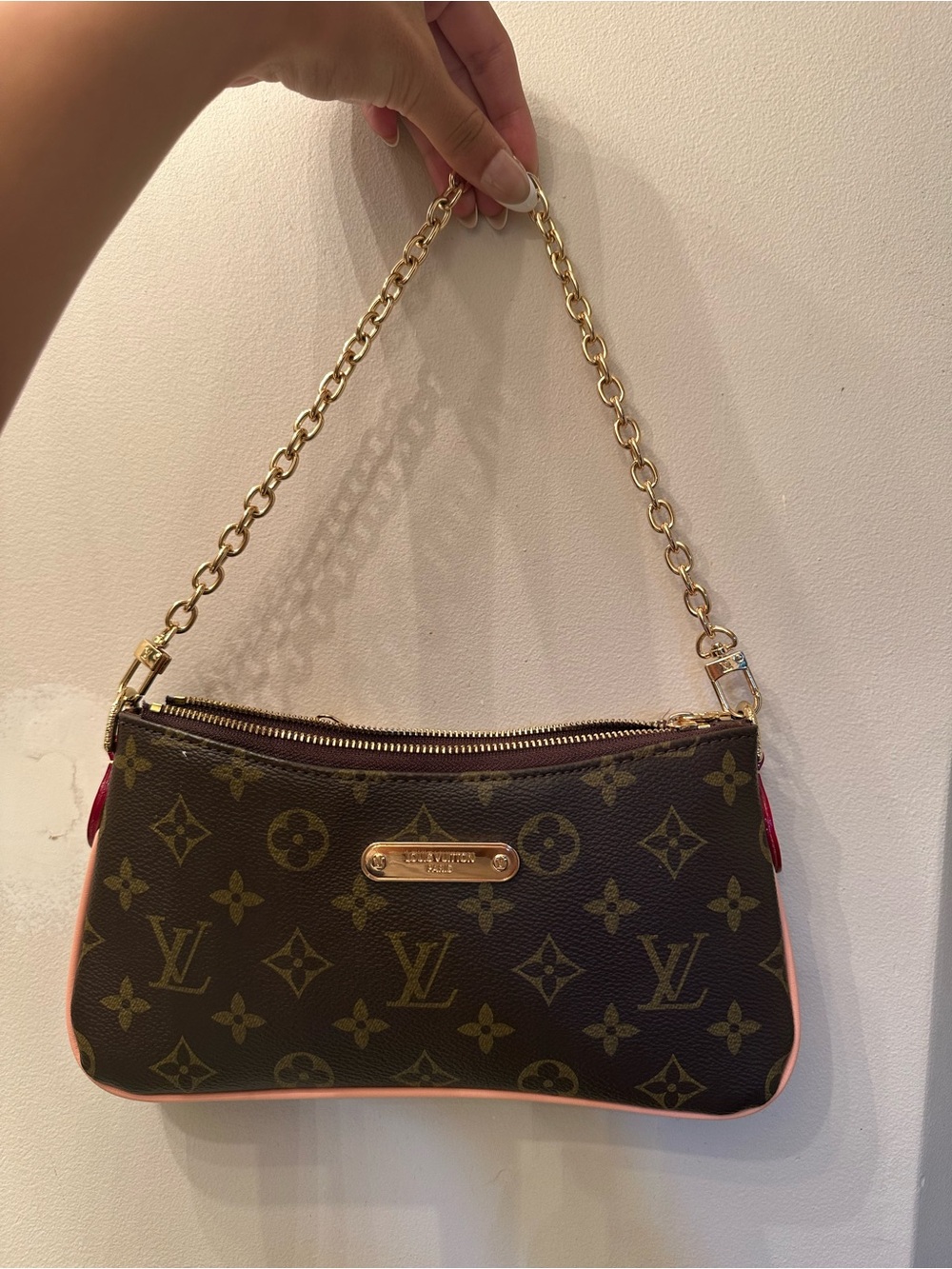 Louis Vuitton Monogram Canvas Clutch with Pink Trim and Gold Chain